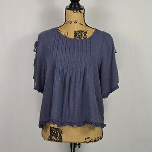 Hem &‎ Thread Boho Peasant Top Blue Linen Blend Ruffle Hem Tie Sleeve Small